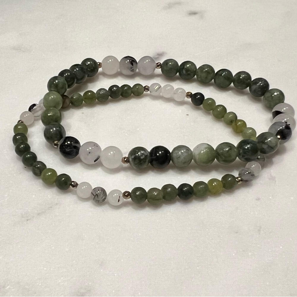 Moss agate & Montana agate genuine gemstone bracelet with gold. Set of 2
